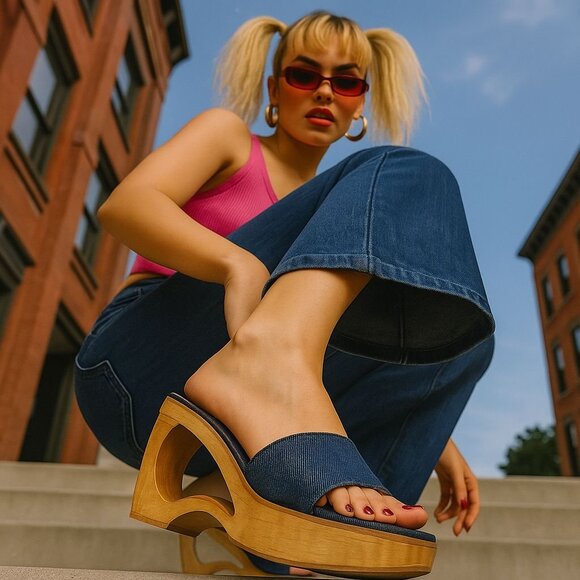 Spice Girls 90s Y2K Denim Wood Cutout Slide Platforms Size 9 - Picture 1 of 10